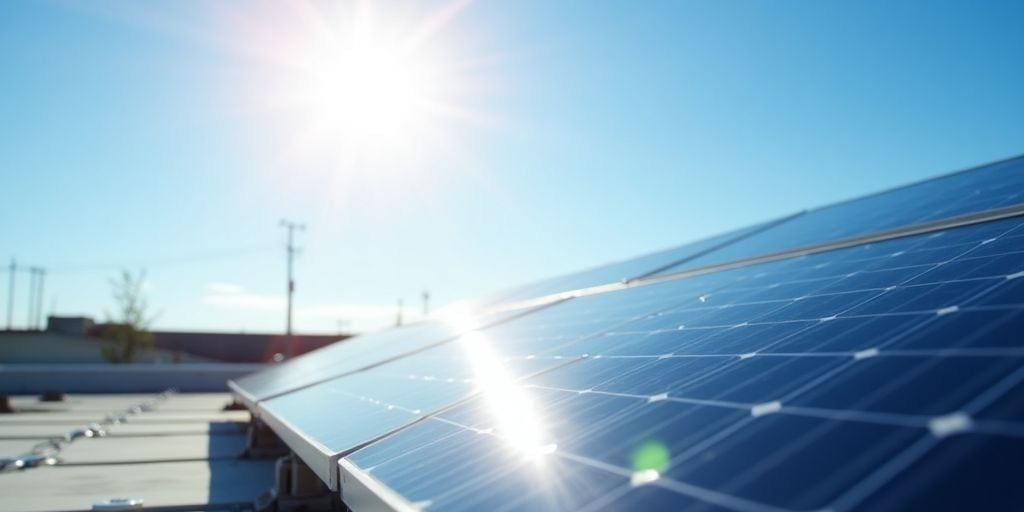 Rooftop solar panels under bright sunlight.