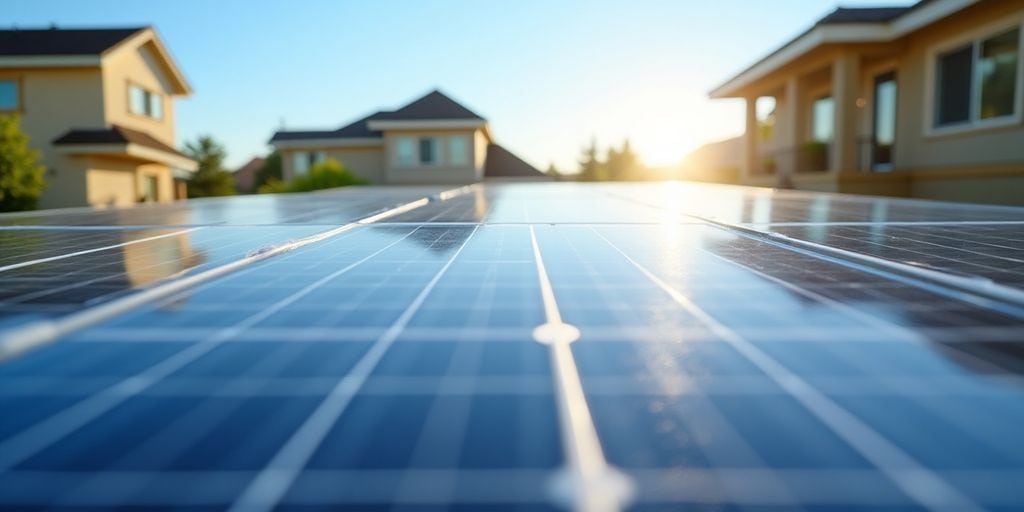 Solar panels on a roof under a clear blue sky.