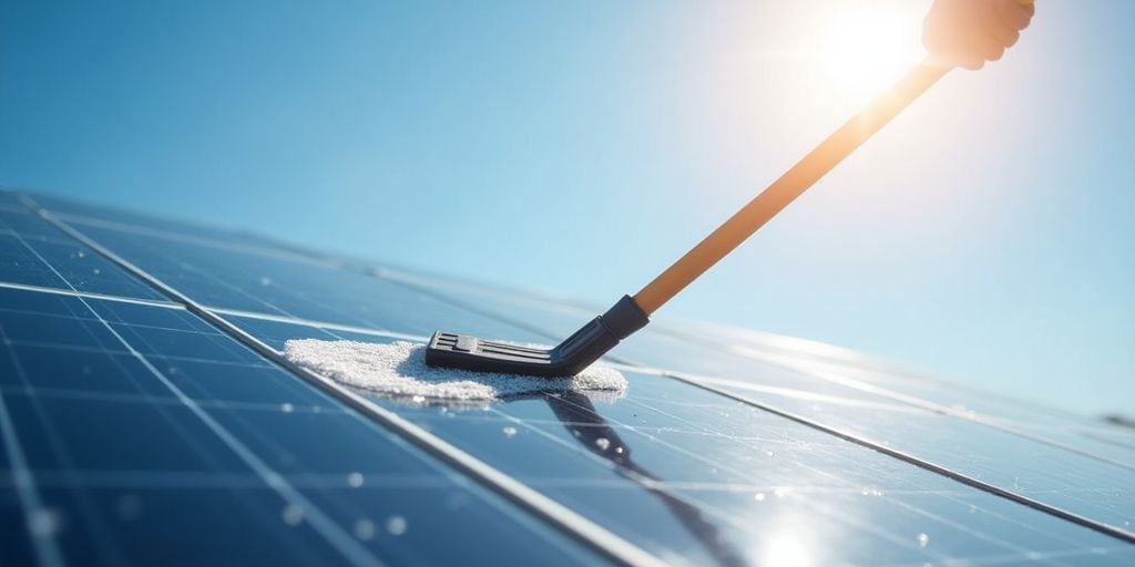 Cleaning solar panels under bright sunlight in blue sky.